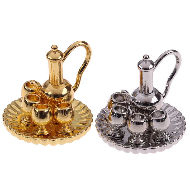Dollhouse Furniture Set - 1セット1：12ドールハウスミニチュア家具アクセサリー食器金属製ティーカッププレートモデルセットドールハウスデコレーションごっこ遊びおもちゃ