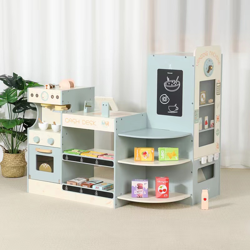 Kids Toys Vending Machine - 子供用木製食料品店プレイセット、子供用プレイストア木製スーパーマーケットプレイセット（レジ、コーヒー自動販売機付き）