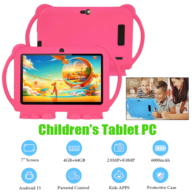 Learning Tablet Kids - 7インチ子供用タブレット、漫画柄保護ケース付き、4GB RAM、64GB ROM、お絵描き＆学習用、5G WiFi、ポータブル子供用教育タブレット