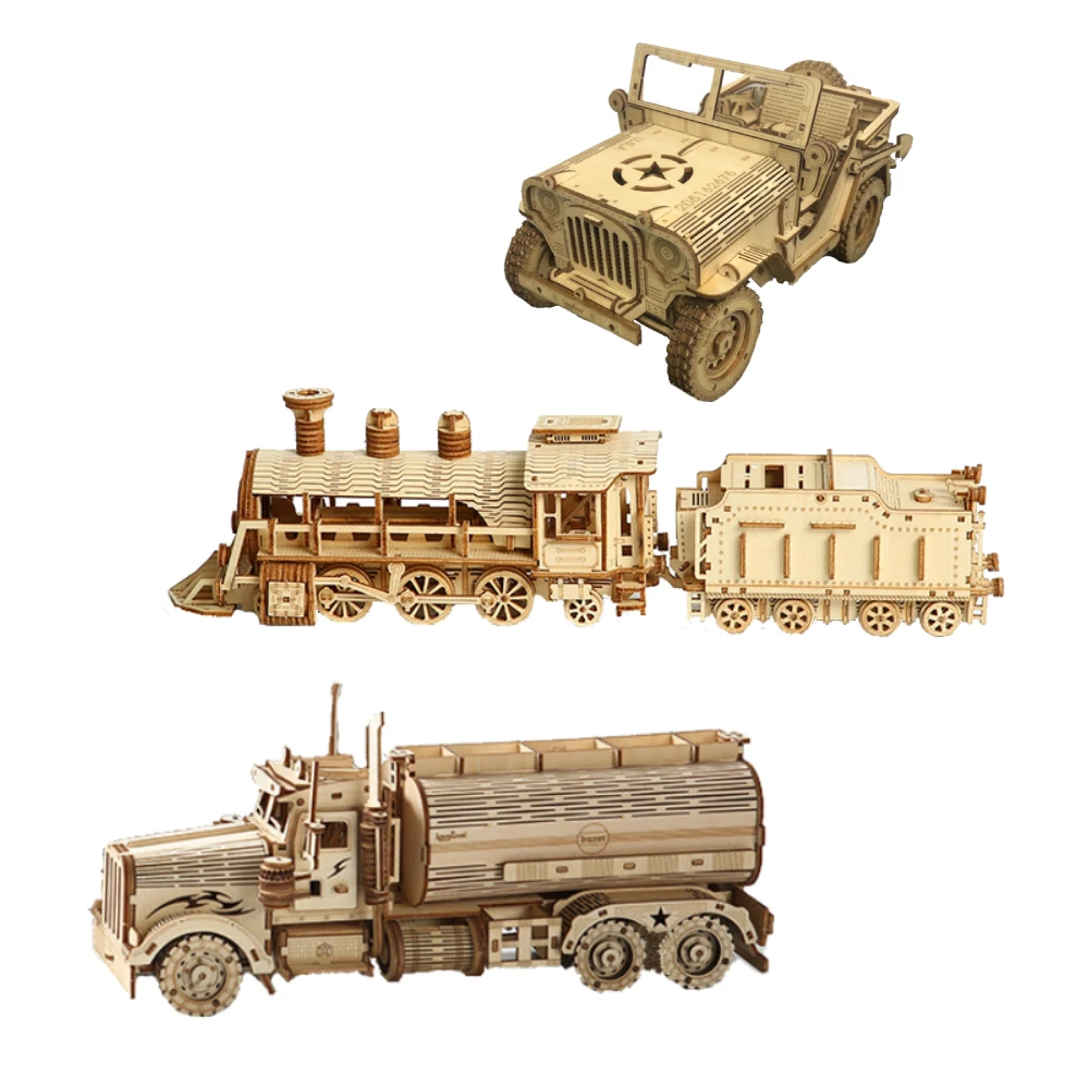 Kids Toys Jeep - 3D パズル可動クラシック蒸気機関車、車、ジープ、トラック組み立て DIY おもちゃギフト子供大人木製モデルビルディングブロックキット