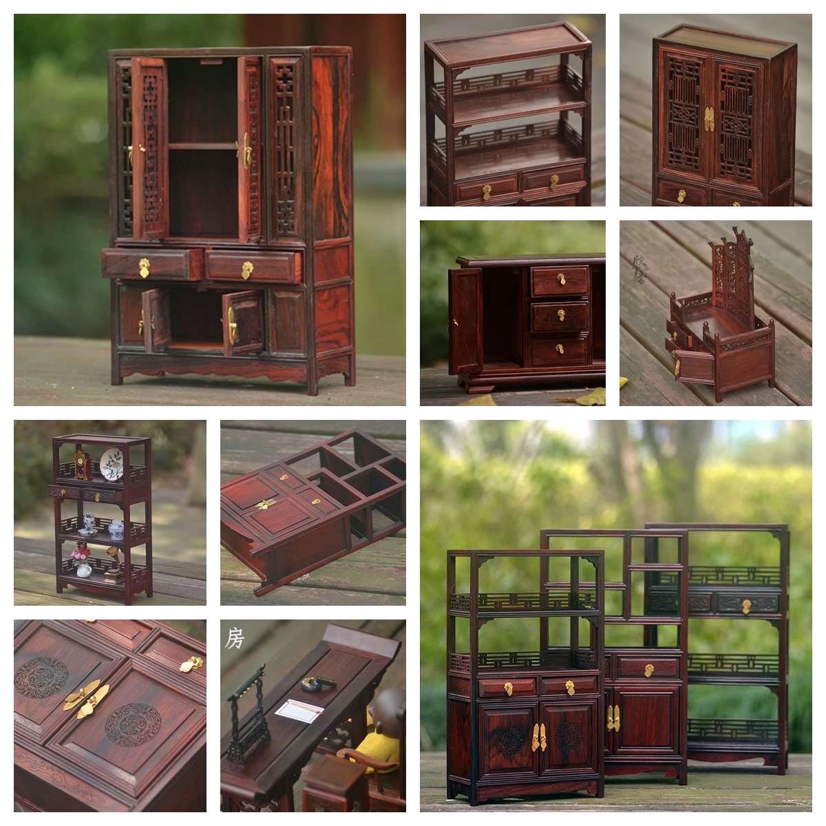 Dollhouse Furniture Set - 中国古代スタイルのミニチュアドールハウス家具セット - 絶妙な彫刻が施されたワードローブ、本棚、ドレッサー、学習机の家の装飾